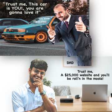 "Illustration shows "DAD" as a used car salesman of the 1970s and "SON" of current day using the same sales techniques that his dad used to sell cars to promote his digital marketing business. This is why hiring a Christian graphic designer is so important."
