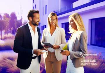 Female Real Estate Agent with Tablet Walking with Family to the House. Real Estate Agents' Websites made it happen