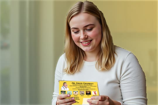 Young woman reading real estate postcard she received in the mail sent by ars Direct mail for private schools