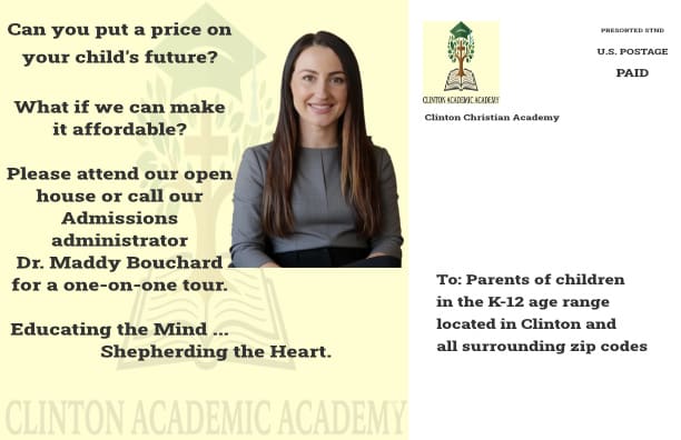 Back of postcard for the Clinton Academic Academy. Its part of our Direct mail for private schools