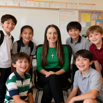 Ms. Maddy is sitting with 5th 5th-grade students in a school marketing social media post